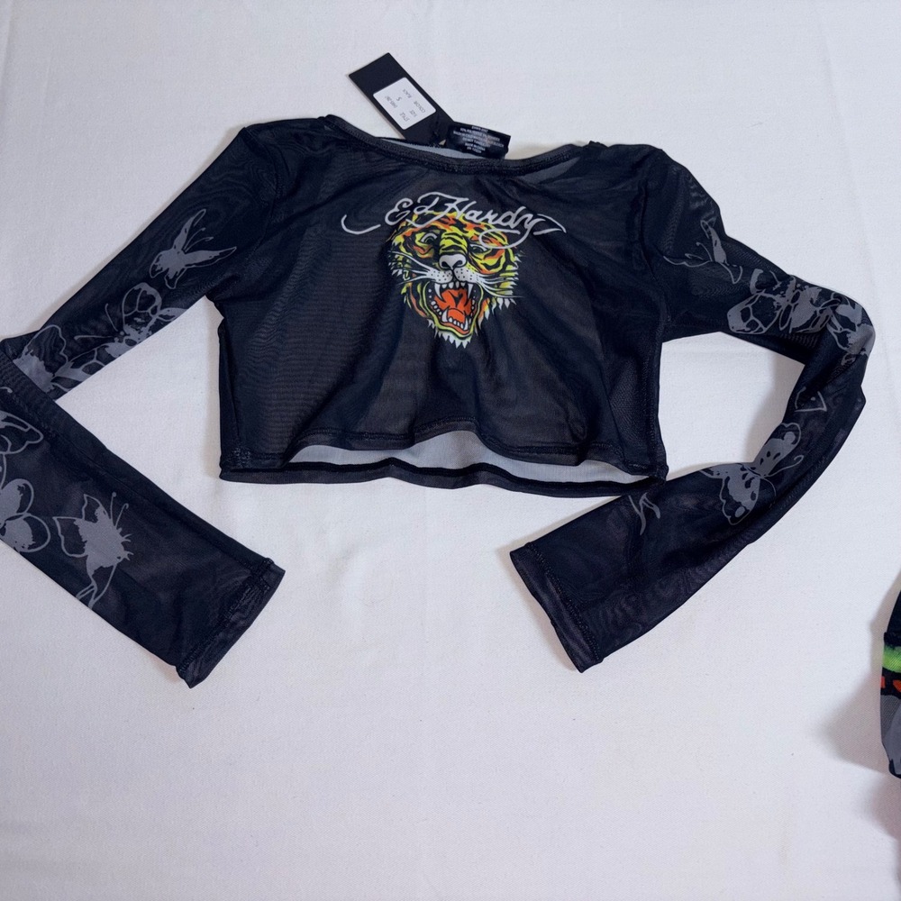 Ed Hardy Mesh Set Small Black New Tiger Snake Spiderweb Rhinestone Y2K Crop Maxi - Picture 8 of 8